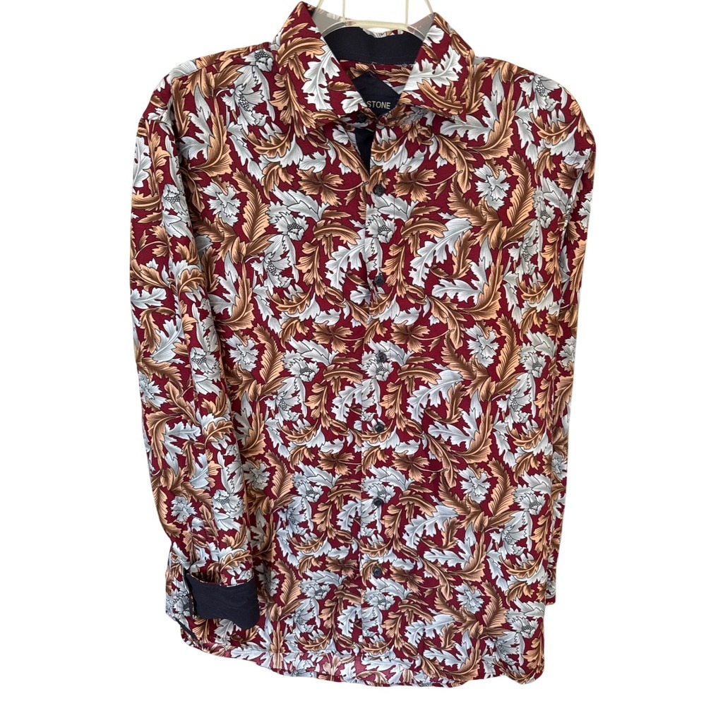 Silver Stone modern fit Long sleeve leaf print shirt navy cuffs LG cotton blend‎